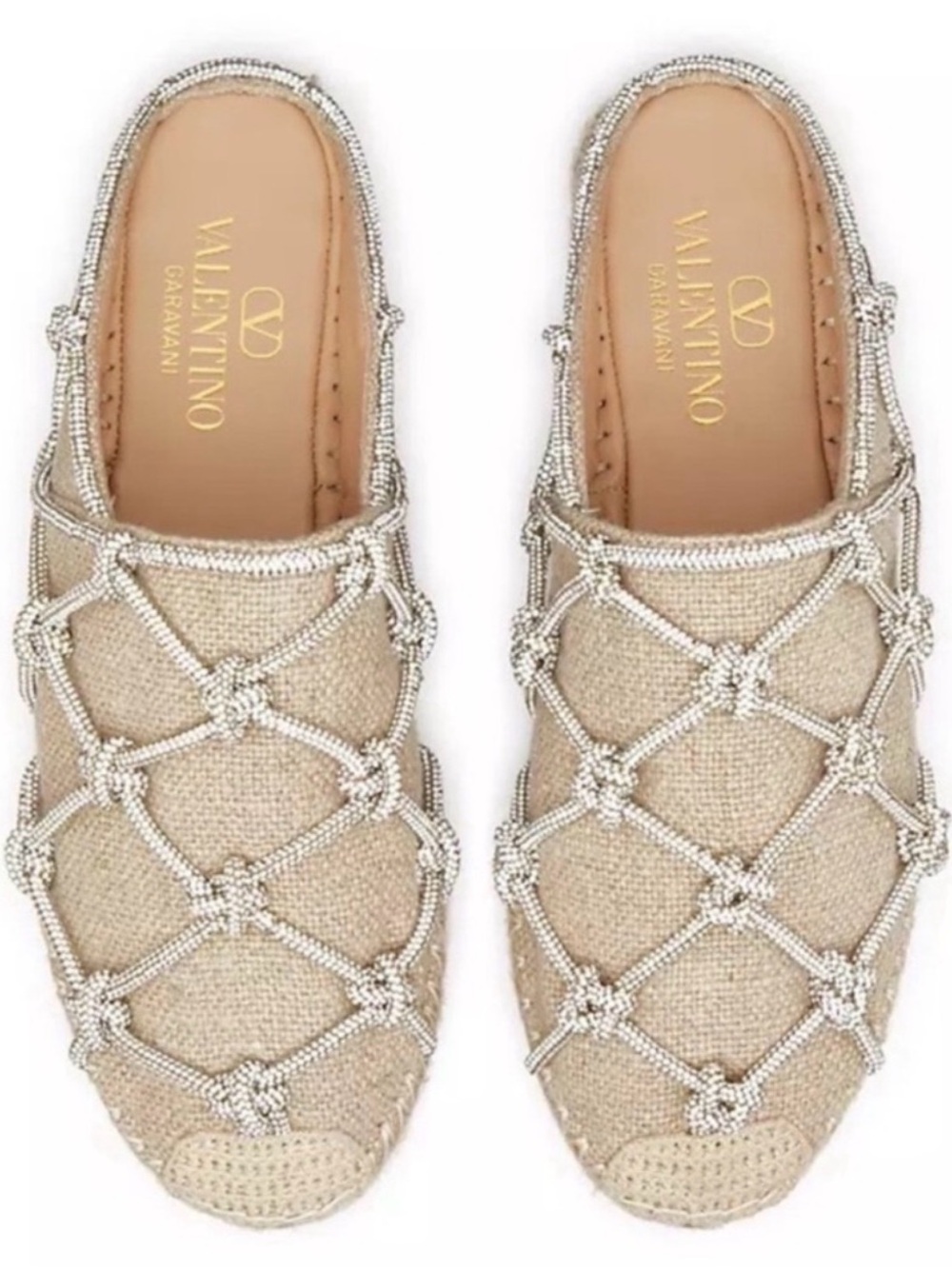 Valentino Garavani Beige Crystal-Knot Raffia Mules